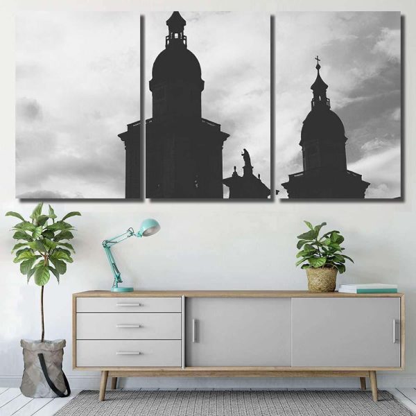 Black White Silhouette Cathedral Front Light Christian Premium Multi Canvas Prints, Multi Piece Panel Canvas Luxury Gallery Wall Fine Art Print - Image 5