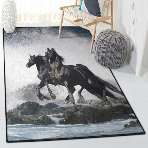 Moving Non Shedding Black Arabian Horses Running Rug Rectangle Rugs Washable Area Rug Non-Slip Carpet For Living Room Bedroom - Image 2