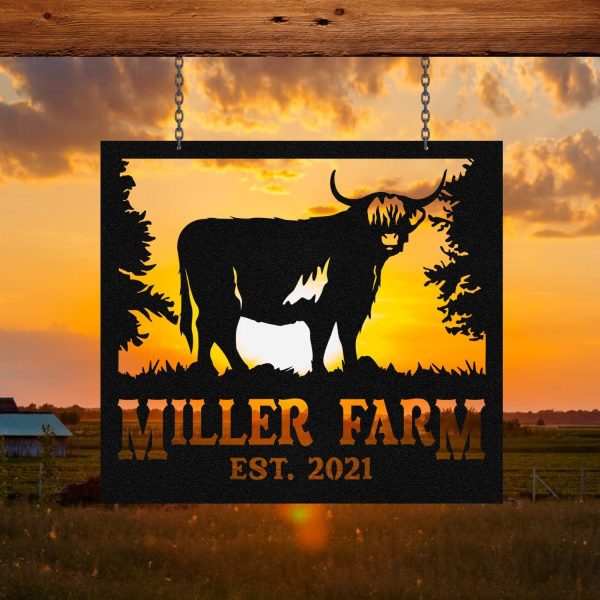 Personalized Metal Farm Sign Highland Cow Monogram, Custom Outdoor Far - Image 2