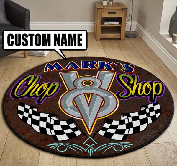 Personalized Chop Shop Garage Decor, Home Bar Decor Hot Rod Round Mat - Image 3