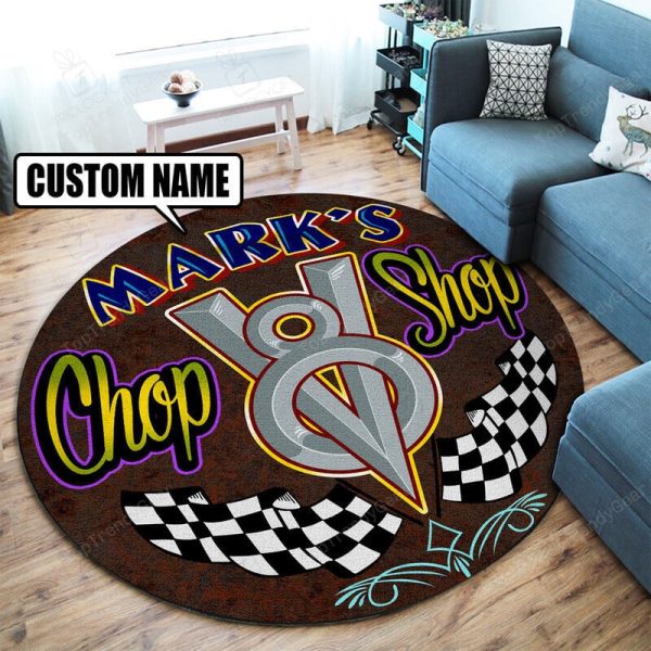 Personalized Chop Shop Garage Decor, Home Bar Decor Hot Rod Round Mat - Image 2